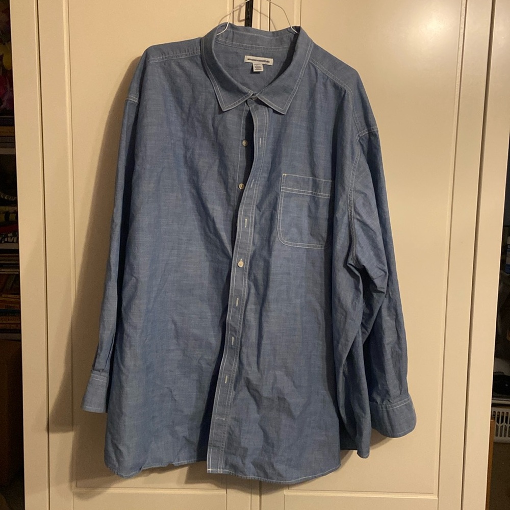Blue button down shirt.